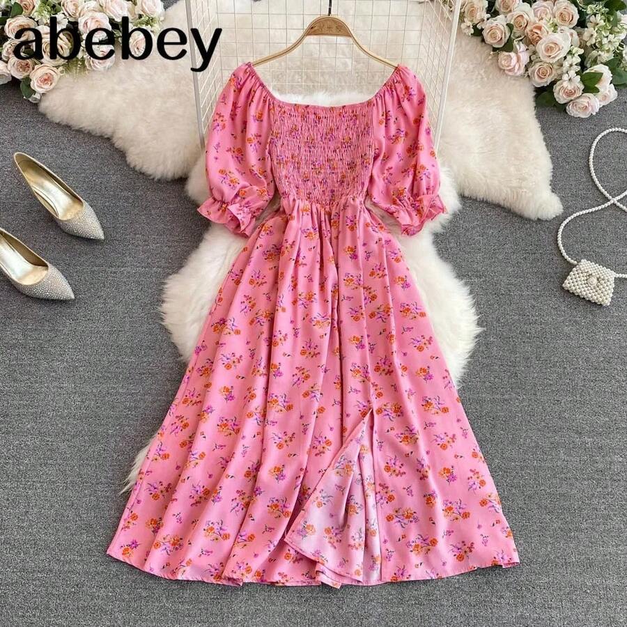 2026 moda nuevo verano estampado de flores vestido largo mujeres Vintage cuello cuadrado acanalado pecho vestido veraniego dividido Vestidos de - Rosa - Ver 1