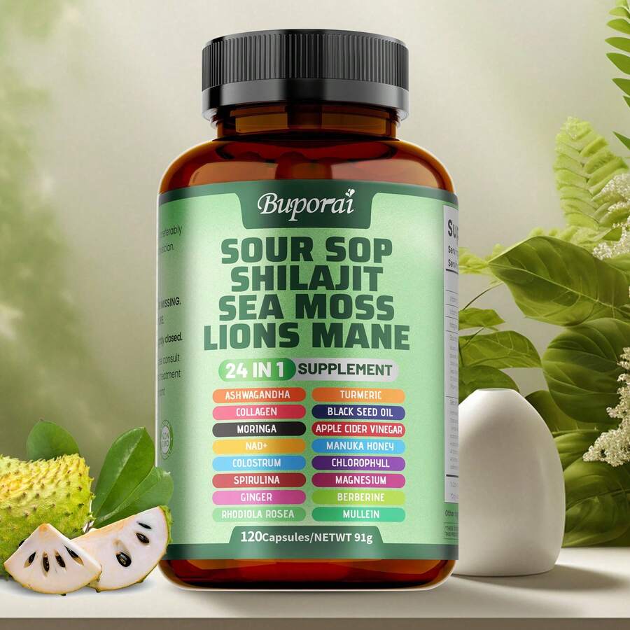BUPORAI Soursop Shilajit Sea Moss Lion's Mane - Has Natural Antioxidant Properties To Boost Immunity And Support Cell Regeneration - 120pcs - One bottle - Trial stage - 查看 1
