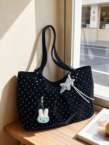 1pc Black And White Polka Dot Large Capacity Shoulder Bag, Top Zipper, Side Zipper, Star Pendant Tote Bag - Multicolor - View 3