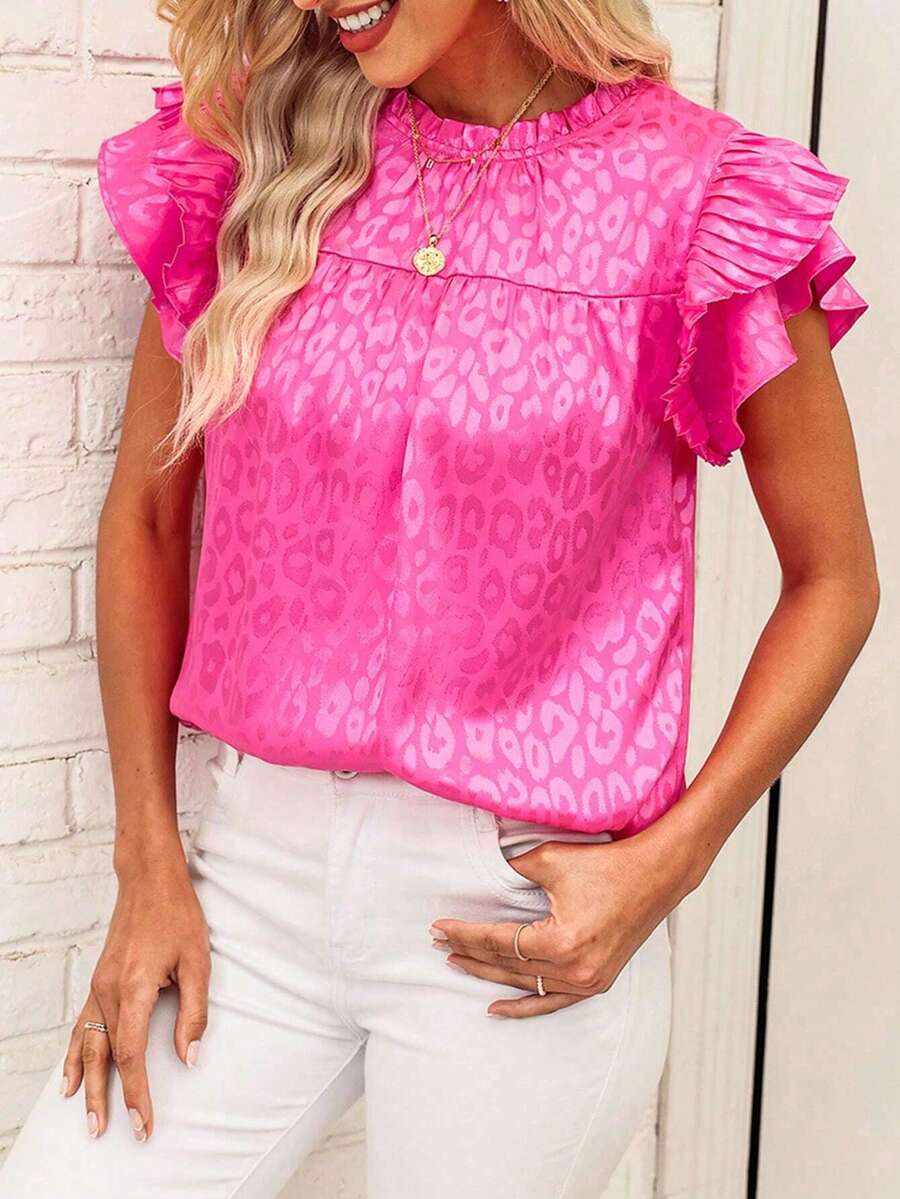 Women's Blouse 2026, New Summer Fashion, Versatile, Printed, With Ruffled Sleeves And Wavy Neck - 亮粉 - 查看 1