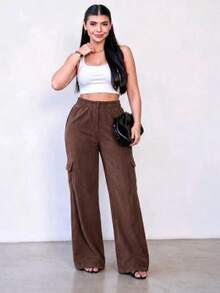 Comfortable Velvet Cargo Wide-Leg Pants For Winter - Óxido marrón - Ver 2