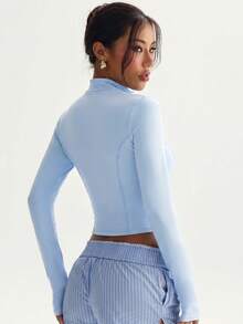 Women's Solid Color Stand Collar Zip-Up Long Sleeve Thumb Hole Minimalist Stylish Sports Jacket - Baby Blue - View 2