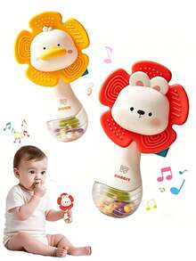 2-In-1 Baby Rattle Teether Toy, Cute Duck & Rabbit Soft Silicone Teether Rattle, Suitable For 0-12 Months Infants, Tummy Time, Nursery, Stroller, Car Seat Sensory Toy, Perfect Baby Shower, Newborn, 1st Birthday Gift - Multicolor - View 3