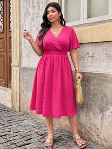 Plus Size Deep V-Neck Waist-Defining A-Line Midi Dress, Short Sleeve Pink Casual Summer Dress Elegant - Hot Pink - View 3