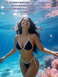 2 piezas traje de baño bikini para mujer, conjunto de bikini con tiras de espagueti, cuello halter, bloques de color azul y blanco,, conjunto moderno para playa, piscina y vacaciones de verano - Azul oscuro - Ver 2