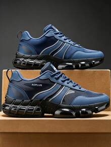 Men's Sports Shoes 2026 Newest All-Black Thick Sole Chunky Sneakers Height-Increasing Shock-Absorbing Breathable Mesh Athletic Shoes Streetwear Versatile Men's Shoes Leather PU Mesh Splicing Marathon Running Shoes Men's Plus Size 46 Shoes Youth Handsome Men's Shoes - Royal Blue - View 7