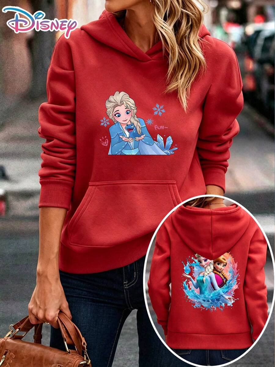 Disney Frozen Elsa & Anna Sisters Watercolor Two-Sided Hoodie Women Casual Daily Wear Long Sleeve Soft Comfortable Girly Nostalgic Outfit It Is A Gift For Fans And Friends, And It Is Also A Perfect Gift Choice For Lovers And Family. - Red - View 1