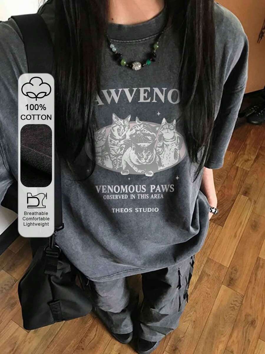 春夏经典复古美式宽松做旧黑色T恤,撞色设计,饰有英文字母和可爱猫咪图案,休闲百搭,适合返校穿着 - 黑色 - 查看 1