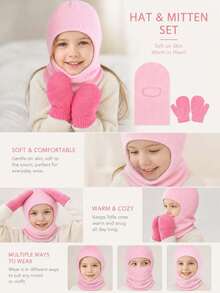 3pcs Kids Winter Hat & Gloves Set, Warm Knitted Hooded Hat, Knitted Gloves, Solid Color, Toddler Gloves For Girls & Boys, Elastic Knitted Gloves, Suitable For Kids & Toddlers Winter Warmth - 3pcs - View 2
