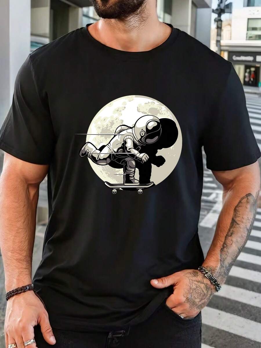 T-shirt de manga curta em algodão puro para homem, casual, com estampado gráfico de astronauta a andar de skate na lua, top de verão, macio, respirável, confortável, para uso diário, presente de Natal, presente do Dia do Pai, presente de aniversário para ele, ideia de presente de férias europeias, moderno, corte regular, fácil de combinar com jeans, calções e calças de jogging - Preto - Ver 1