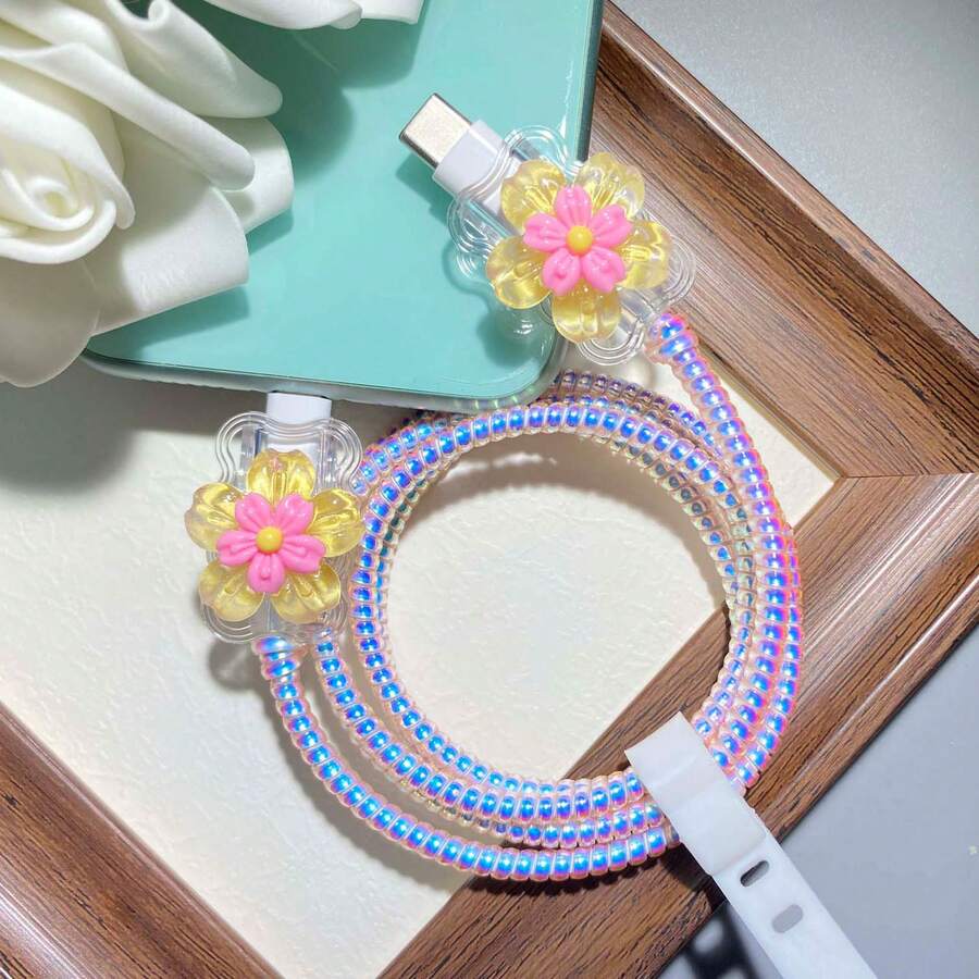 Type-C Phone Cable Protector, Anti-Breakage Charging Cable Protector, Device Cable Management, Charging Cable Protector, Cable Shielding Sleeve, Cable Anti-Breakage Device, Minimalist Protection Design, Durable Cable - Yellow - View 1