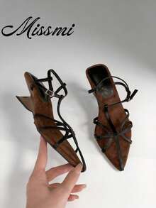 Retro Thin Strap Sandals, Unique Design Asymmetric Wedge High Heels, Open Toe, Summer Shoes For Women - Black - View 8