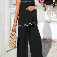 WNSS  Conjunto de 2 piezas de top de tirantes con ribete de concha y pantalones casuales de maternidad para vacaciones - Negro01 - Ver 1