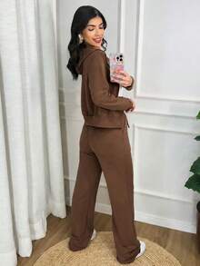 Women's Stylish Tracksuit Set: Sweatshirt With Trim, Hood, And Zipper, And Wide-Leg Pants With Side Pockets - Elegant Women's Jacket, Wide-Leg Pants, Long-Sleeved Blouse, Winter, Cold Weather, Basic, Comfortable, Premium, Comfy, Warm, Thick, Brown. - 鏽棕色 - 查看 2