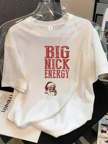 Camiseta de manga corta y cuello redondo para mujer con un póster de la cara de Papá Noel y un estampado con palabras enérgicas, adecuada para todas las estaciones. - Blanco - Ver 1