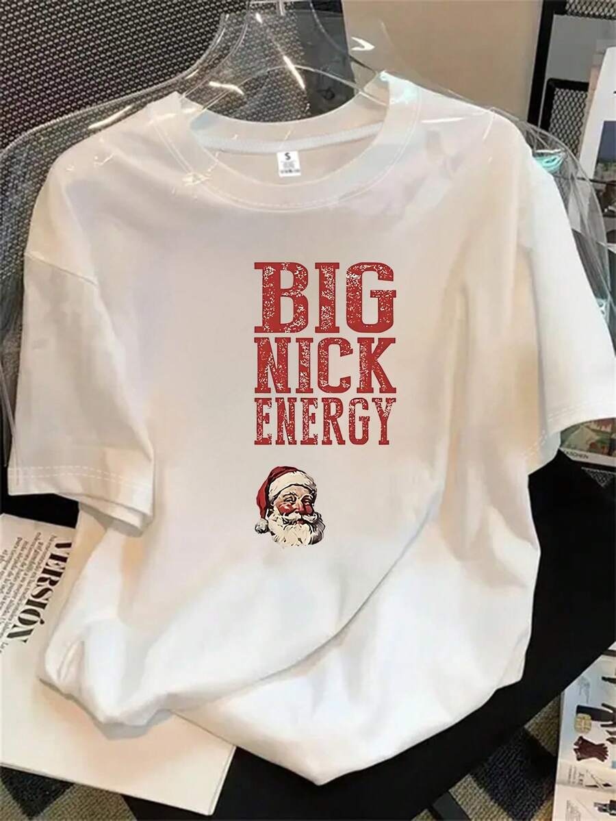 Camiseta de manga corta y cuello redondo para mujer con un póster de la cara de Papá Noel y un estampado con palabras enérgicas, adecuada para todas las estaciones. - Blanco - Ver 1