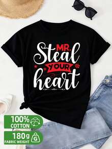 1 camiseta "Steal Your Heart" |   100%, Peso de la Tela, Diseño Gráfico de Edición Limitada, Negro, Estilo Casual, Cuello Redondo, Corte Regular, Manga Corta, Ropa Cómoda para Uso Diario, Prenda Exterior Elegante para Verano, Camiseta Estampada para Primavera y Otoño, Para Verano - Negro - Ver 1