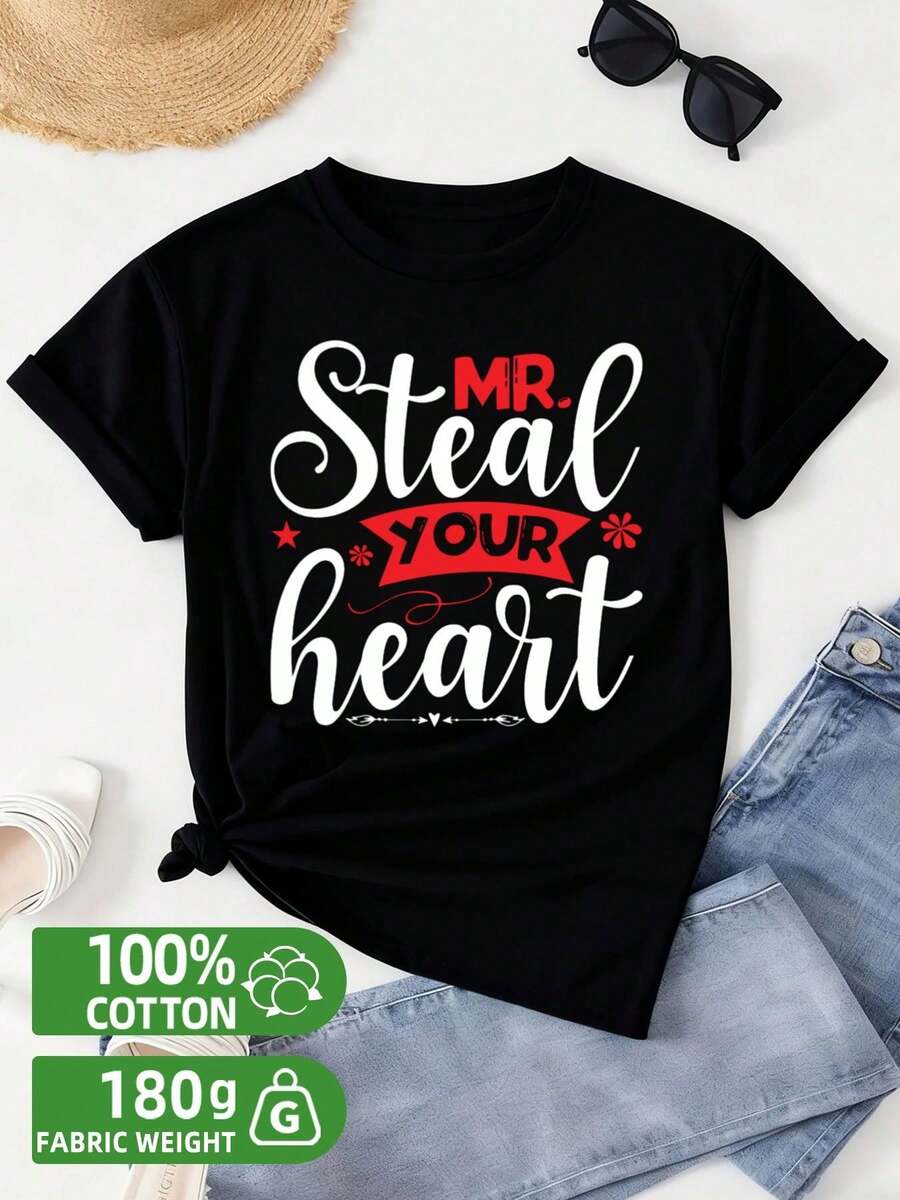 1 camiseta "Steal Your Heart" |   100%, Peso de la Tela, Diseño Gráfico de Edición Limitada, Negro, Estilo Casual, Cuello Redondo, Corte Regular, Manga Corta, Ropa Cómoda para Uso Diario, Prenda Exterior Elegante para Verano, Camiseta Estampada para Primavera y Otoño, Para Verano - Negro - Ver 1