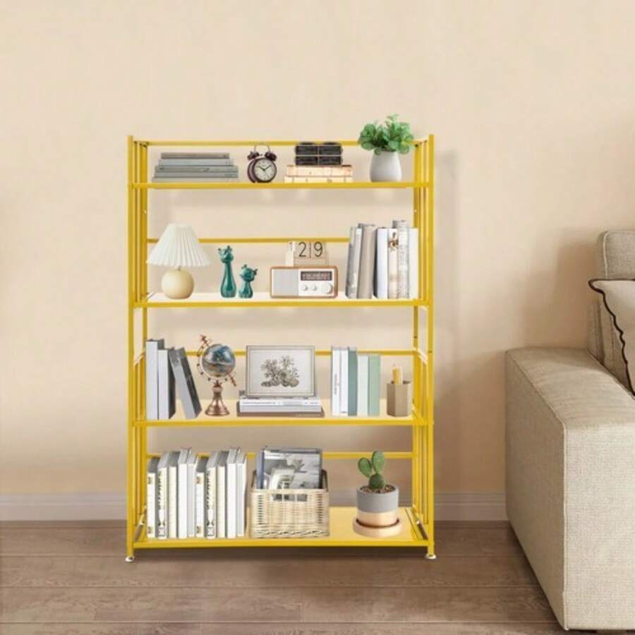SanBouSi 4 Tier Bookshelf For Home Office, Tall Slim Bookcase With Raised Guardrails, 220LBS Heavy Duty Iron Shelf, Gold Metal Storage Rack For Living Room Study - Gold - View 1