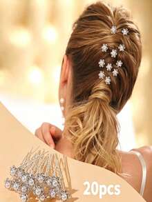 20pcs/Set Women's New Handmade Rhinestone Bridal Hair Accessories, Fork Hair Clips, U-Shaped Curly Hair Clips, Wedding Hair Clips, Daily Simple Versatile - 6+1 Diamond Pearl Model - View 3