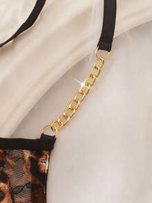 Women's Sexy Lingerie Set, Black Leopard Print Lace Trim With Gold Chain, 1/4 Cup Cut-Out Hollow Design, Breathable Unpadded, Adjustable Shoulder Straps, 2-Piece Set - Multicolor - View 6