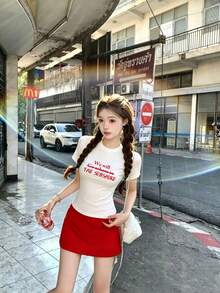 Red Letter Print Sports T-Shirt, Slim Fit Cropped White Short Sleeve Top For Women, Summer Casual - White - View 3
