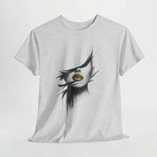 Abstract Golden Lips Art T-Shirt, Modern Minimalist Design, Loose Fit Retro Tee - 白色 2 - 查看 1