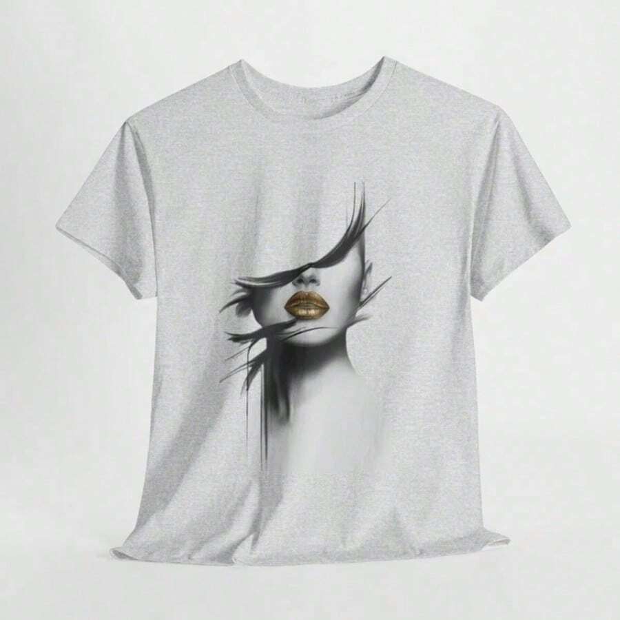 Abstract Golden Lips Art T-Shirt, Modern Minimalist Design, Loose Fit Retro Tee - 白色 2 - 查看 1