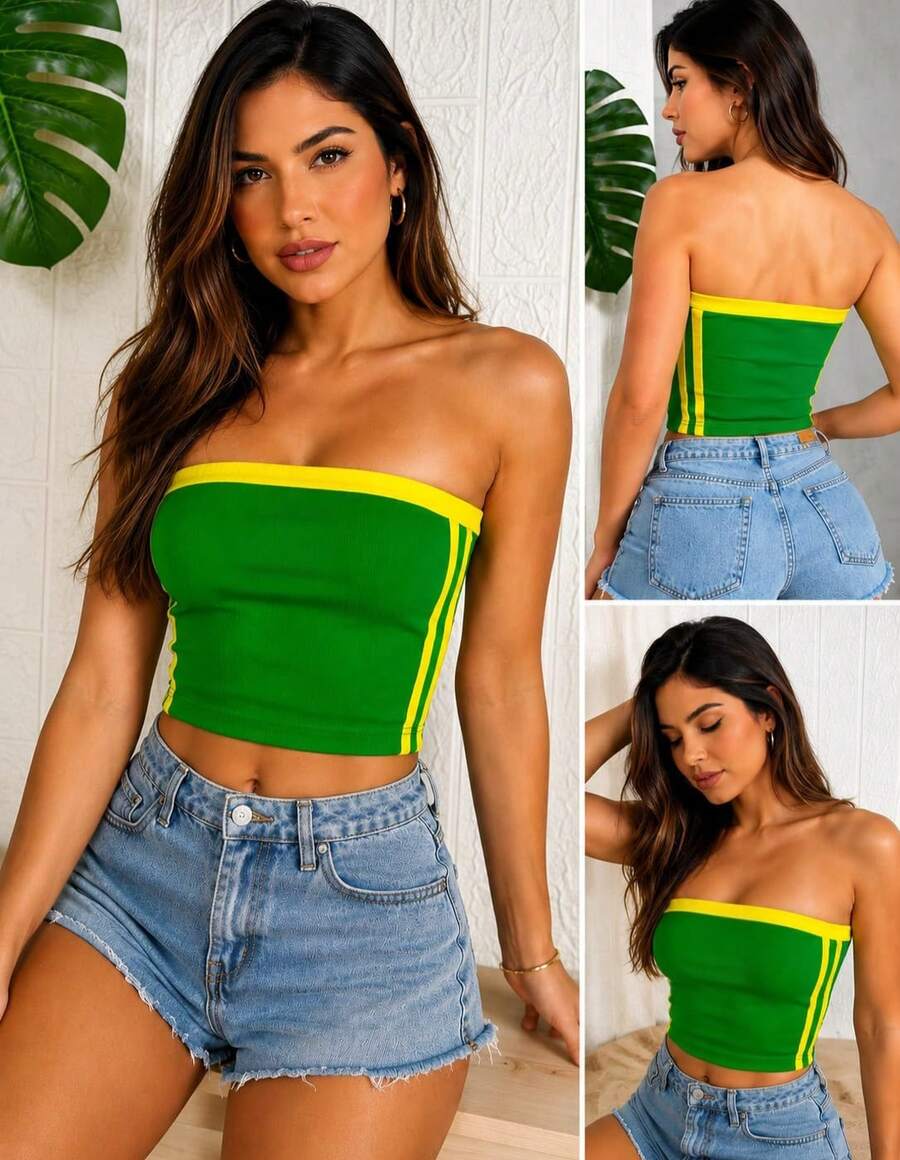 Cropped Brazil Bandeau Top For Women | Ribbed Strapless Top | Brazil Flag Top | Outfit For The São João Festival At The World Cup - 綠色的 - 查看 1