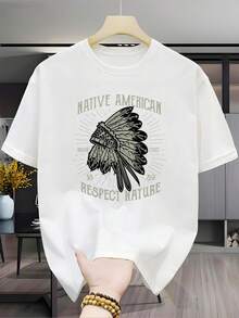 New Versatile Casual Fashion T-Shirt, 100% Cotton, Short-Sleeved Print - Men's T-Shirt With A Vintage-Style  Chief Feather Design, Unisex (For Men And Women), Comfortable Material, Short-Sleeved Top, Suitable For All Seasons. Perfect Gift For Holidays Or Birthdays - Unisex Style. - 黑色 - 查看 6
