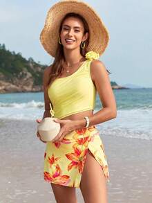 Trajes de Baño para Mujer Completos Bañador con Un Hombro Cintura al Descubierto con Falda para Playa - Amarillo - Ver 12