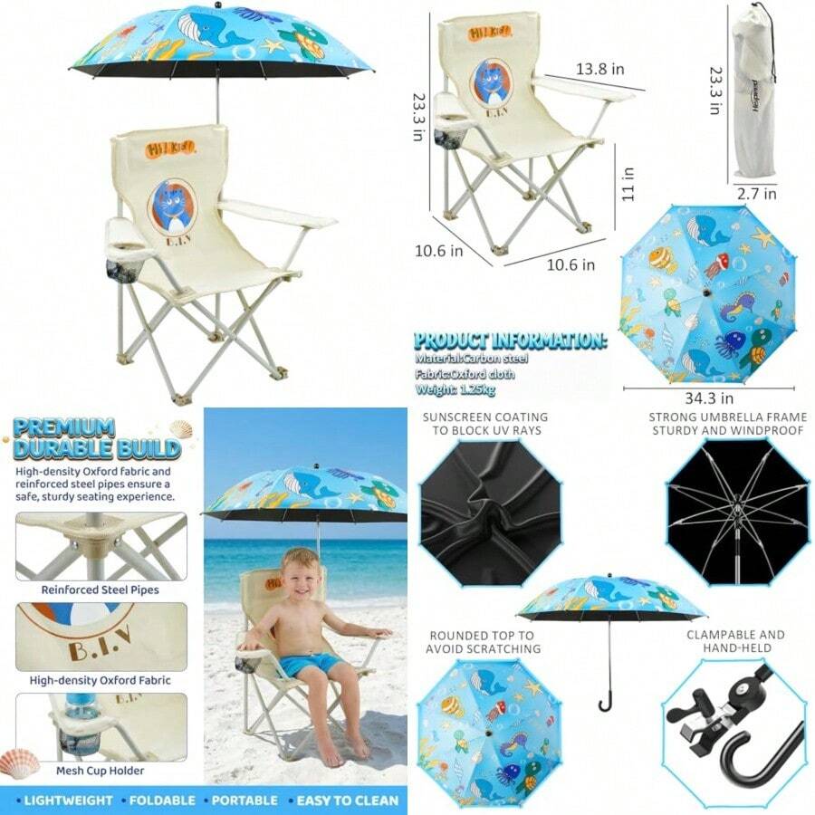 Silla plegable de playa para niños silla de camping para niños con paraguas al aire última intervensión ligera y resistente para playa camping picnic - Azul - Ver 1