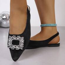 Velvet Rhinestone Square Buckle Pointed Toe Slingback Flat Shoes, French Elegant Low Vamp Flat Ballet Shoes Solid Color Fashion Rhinestone Women's Flat Shoes Wedding Spring Autumn - Black - View 6