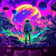 Interstellar Astronaut Tapestry - UV Reactive Polyester Party Backdrop, Glow-In-The-Dark Space Exploration Wall Decor, Summer Holiday Decoration, No Electricity Needed - Multicolor - View 2