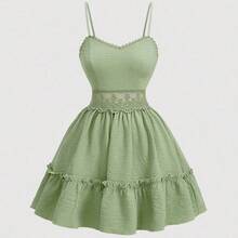 MOD Vestido mini elegante de verano con tirantes finos, encaje, parches y pliegues con estampado floral diminuto AG - Rosa - Ver 2