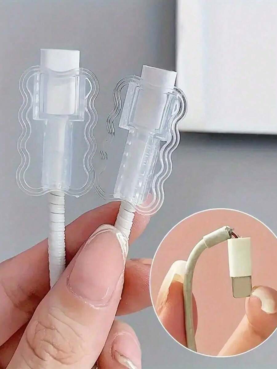 Juego de protectores de cable ondulados, protector de cable de poliuretano termoplástico (TPU), accesorios de protección de cables, sin batería requerida, adecuado para teléfono, protector de cable de datos - Blanco - Ver 1