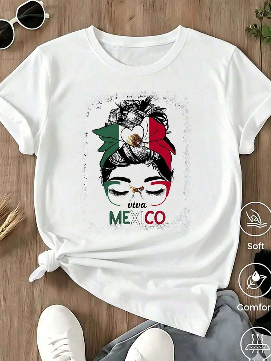 Playera blanca de algodón para mujer con diseño patriota "Viva México", estampado de mujer con moño, lentes y la bandera de México en el tocado, ideal para fiestas de independencia y looks c - Negro - Ver 1