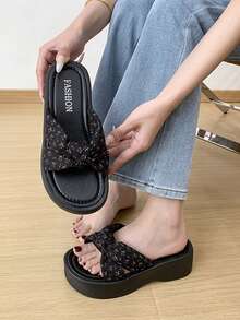 1 Pair Women's Wedge Platform Sandals, Fashionable Pastoral Ditsy Floral Open Toe Breathable Slides, Casual Outdoor Vacation Leisure Bow Knot Comfortable Wedge Heel - Black - View 2