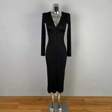 2026Vestido Dongda Gate de manga larga ajustado y para mujer, de cintura alta con abertura, que realza la figura y levanta l... - gris azul - Ver 3