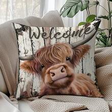 1/2/4Pcs Highland Cow Welcome Throw Pillow Cover, Rustic Farmhouse Style Peach Skin Velvet Pillowcase, Decorative For Sofa & Chair, All-Season Indoor/Outdoor Home Decor, Pillow Insert Not Included - Multicolor - View 4