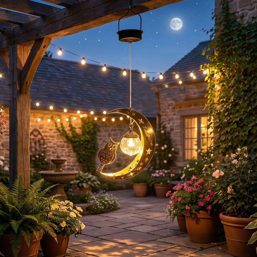 Outdoor Hanging Solar Light, Cute Owl Design, Moon And Star Projection Light, Iron Art Decoration, Suitable For Porch And Lawn - Owl Chandelier - View 1