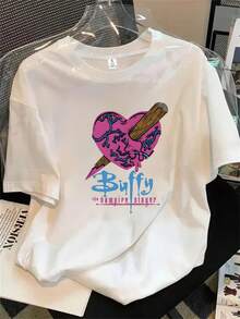 Camiseta de manga corta con cuello redondo para mujer, con estampado de corazón rosa y letras, apta para todas las estaciones. - Blanco - Ver 1