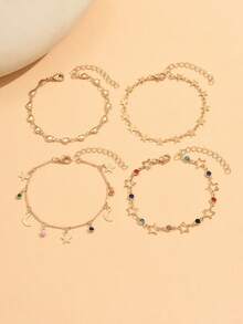 4pcs Fashion Sweet Star & Heart Handmade Gold Chain Moon Star Tassel Pendant Colorful Rhinestone Decorated Layered Bracelet Set For Girls, Exquisite Daily Wear, Outings, Dates, Vacation - Multicolor - View 2