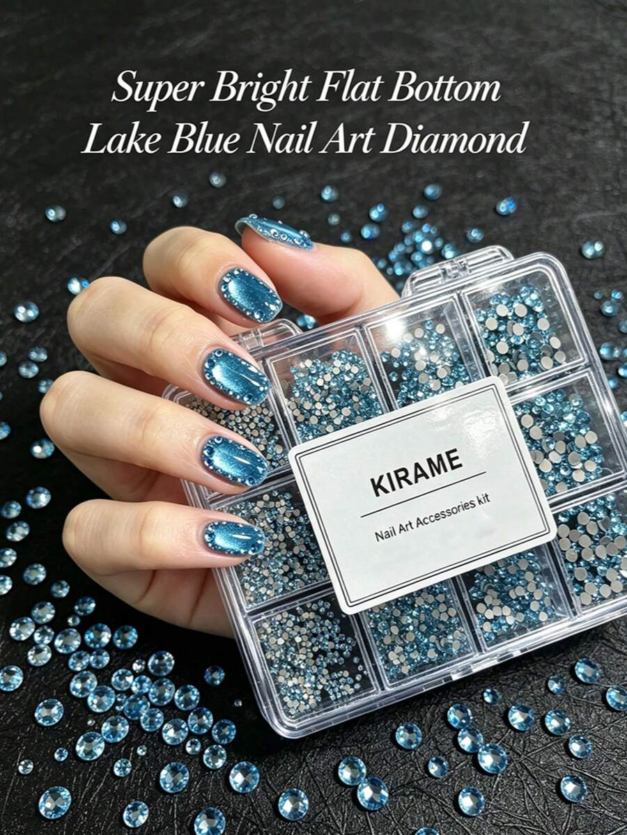 KIRAME 1800顆淺藍色平面圓形水鑽，高品質超亮美甲寶石套組，含1件點花工具，1-5mm閃亮美甲水晶，適用DIY居家美甲、美甲沙龍、美甲用品、夏季與旅行美甲、節日禮物美甲飾品