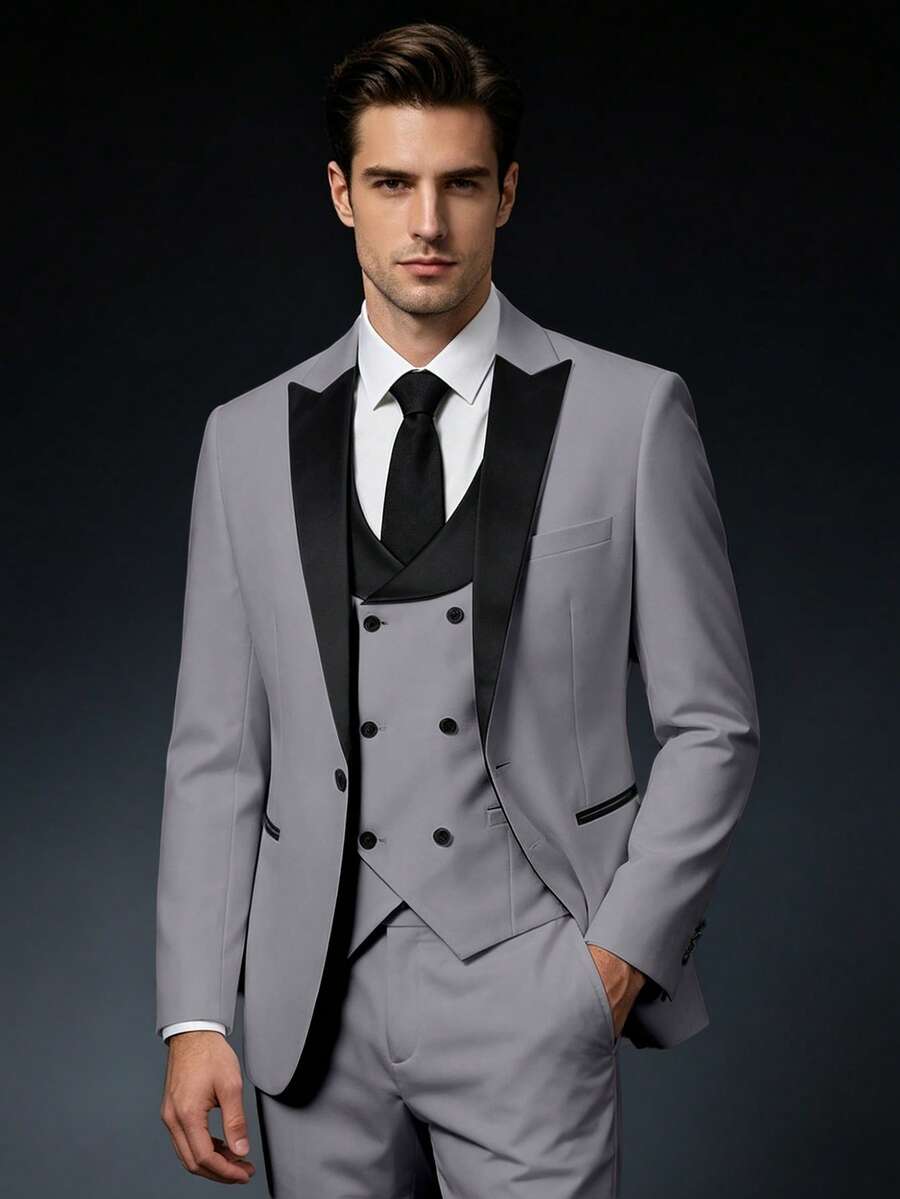 Men's Suit 3-Piece Contrast Color Peak Lapel Set Slim Fit Blazer&Vest&Pants British Style Business Formal Wear Wedding & Office Suits Dinner Jacket Sets Annual Dinner Size XS-XXXL Trajes Para Hombres Elegantes - 淺灰色 - 查看 1