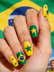 2026 World Cup Theme Wearable Nails Brazil Flag Yellow & Green Color Block Star Nail Art Tips Fan Fake Nails - Multicolor - View 7