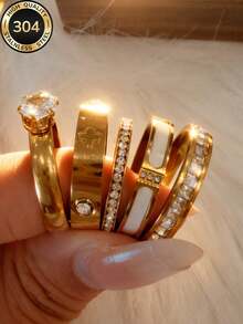Znice 2026 New Stainless Steel 18K Gold Plated French Minimalist Personalized Full Rhinestone Flower Ring Set, Stackable Or Single Wear, Suitable For Party, Gift, Daily Wear, Various Occasions, Durable Jewelry, Waterproof And Non-Fading, For Beach Vacation - Gold 10 - View 7