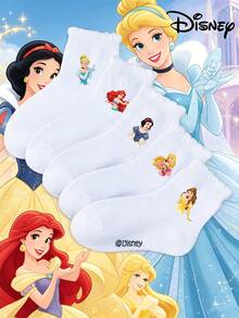 Disney 迪士尼 1/5雙女孩公主襪，白色荷葉邊襪配可愛白雪公主/灰姑娘/奧羅拉/愛麗兒/貝兒卡通圖案，透氣舒適柔軟吸濕排汗，適合假期、旅行、學校活動、開學 - 彩色 - 查看 2