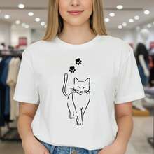 Stylish Everyday Outfits: Women's Pure Cotton T-Shirt With Cat Print, Short Sleeve, Round Neck, Casual Style With Cute Kitten Paw Prints, Loose Fit For Everyday Wear, Various Sizes, Soft And Breathable Cotton Fabric, Fashion Graphic T-Shirt For Cat Lovers, Lightweight Basic Summer T-Shirt, Black/White Color Options, Loose Summer Clothes For Women. - 白色 - 查看 1