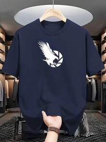 New Versatile And Stylish Short-Sleeved Casual T-Shirt Made Of 100% Cotton With A Printed Design - Modern Men's T-Shirt With An Eagle Print And Geometric Pattern - Breathable Black And White Casual T-Shirt For Fitness, Office, And Everyday Wear - Crew Neck T-Shirt With A White Eagle Emblem, Machine Washable, Makes A Great Gift For Men - Unisex Style. - 藏青色 - 查看 1